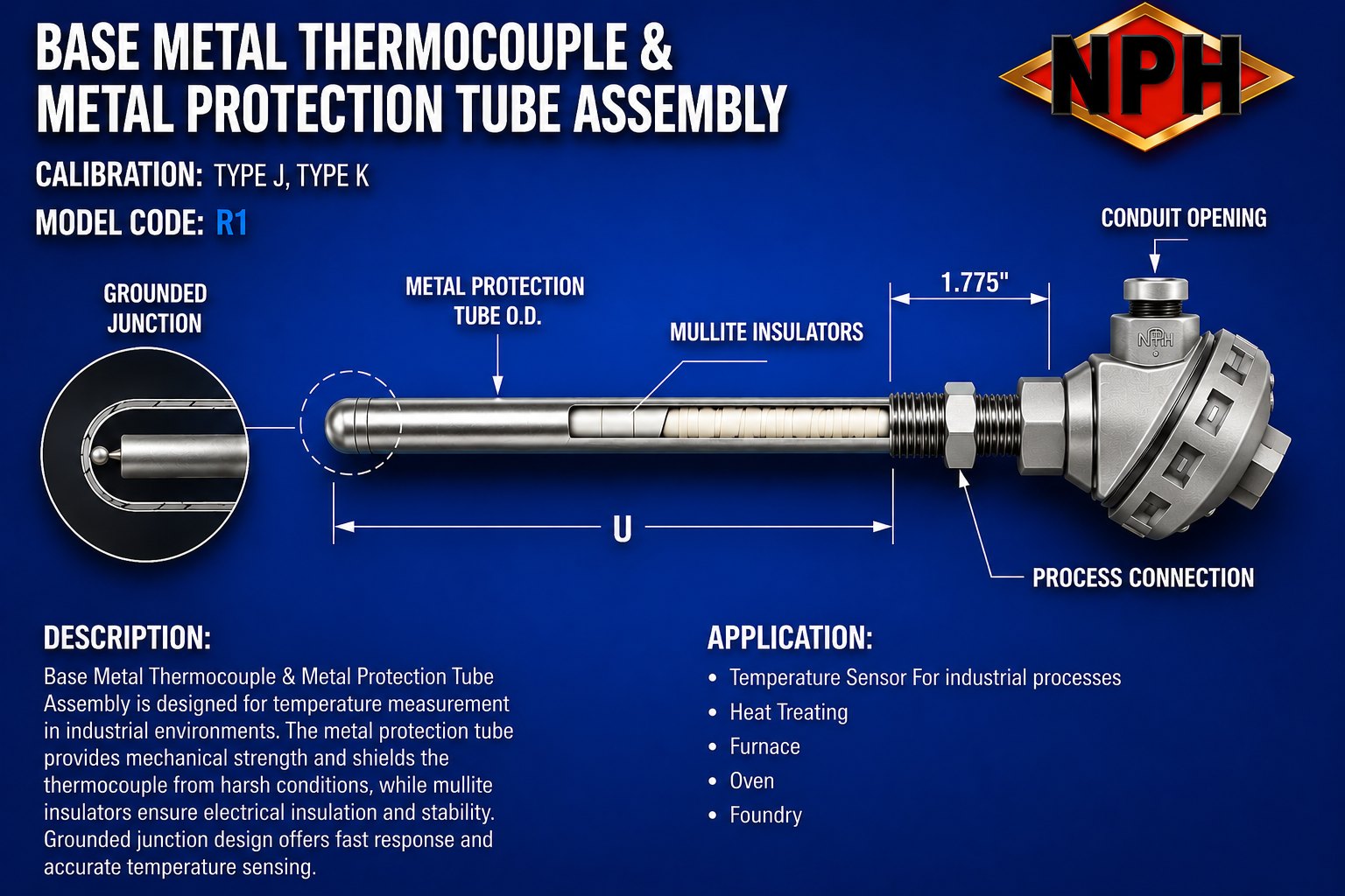 NPH Base Metal Thermocouple & Metal Protection Tube Assembly-R1